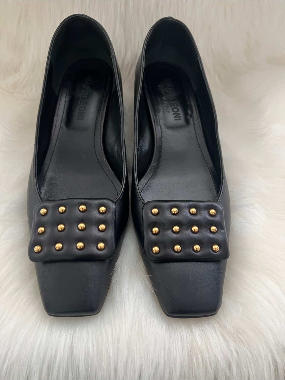 Black Leather Square-Toe Flats with Gold Stud Detail